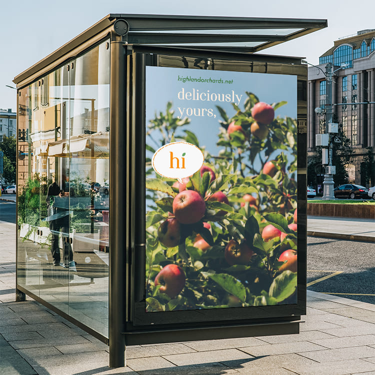 highland orchards rebrand bus stop environmental design advertisement