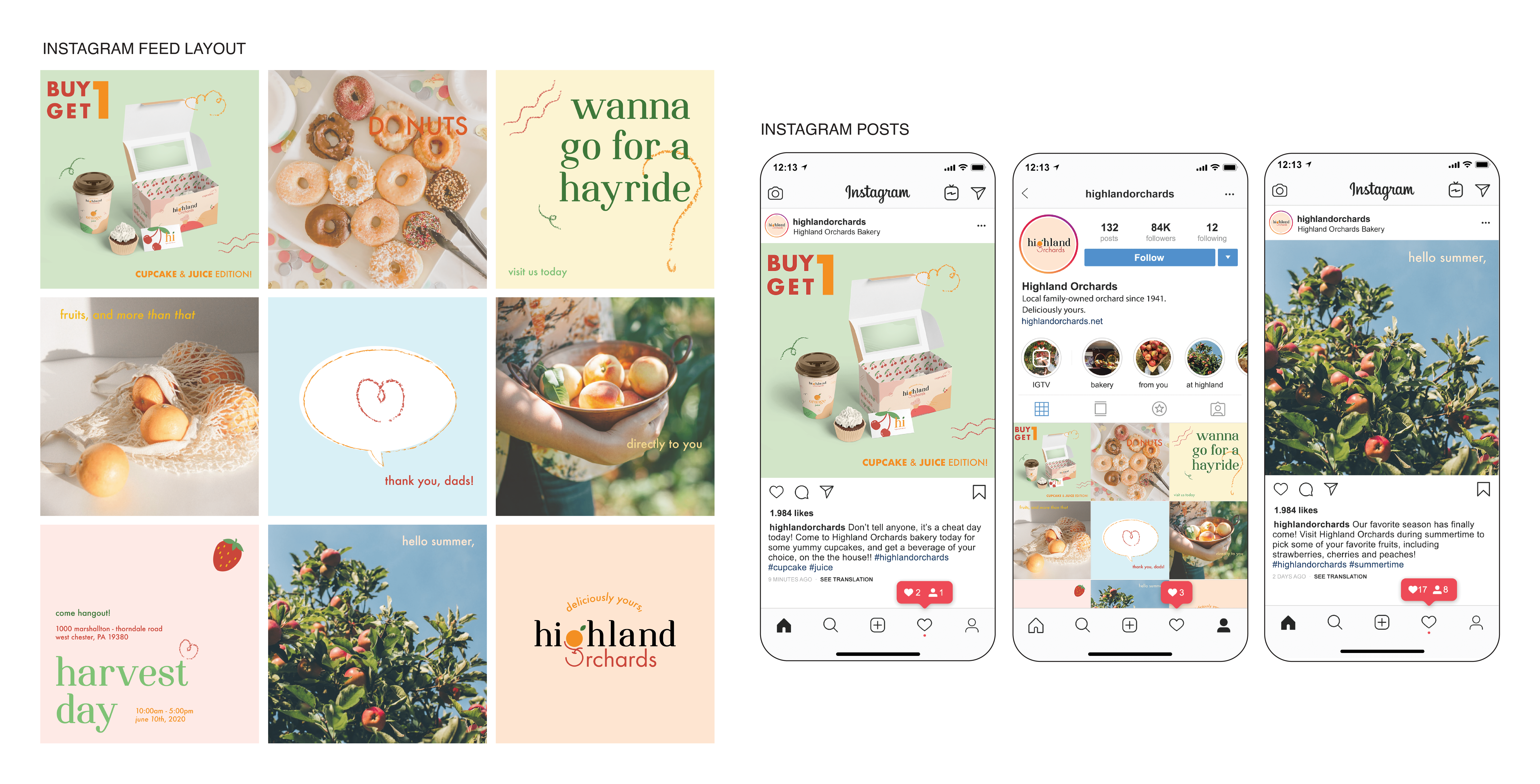 highland orchards rebrand instagram feed and post design