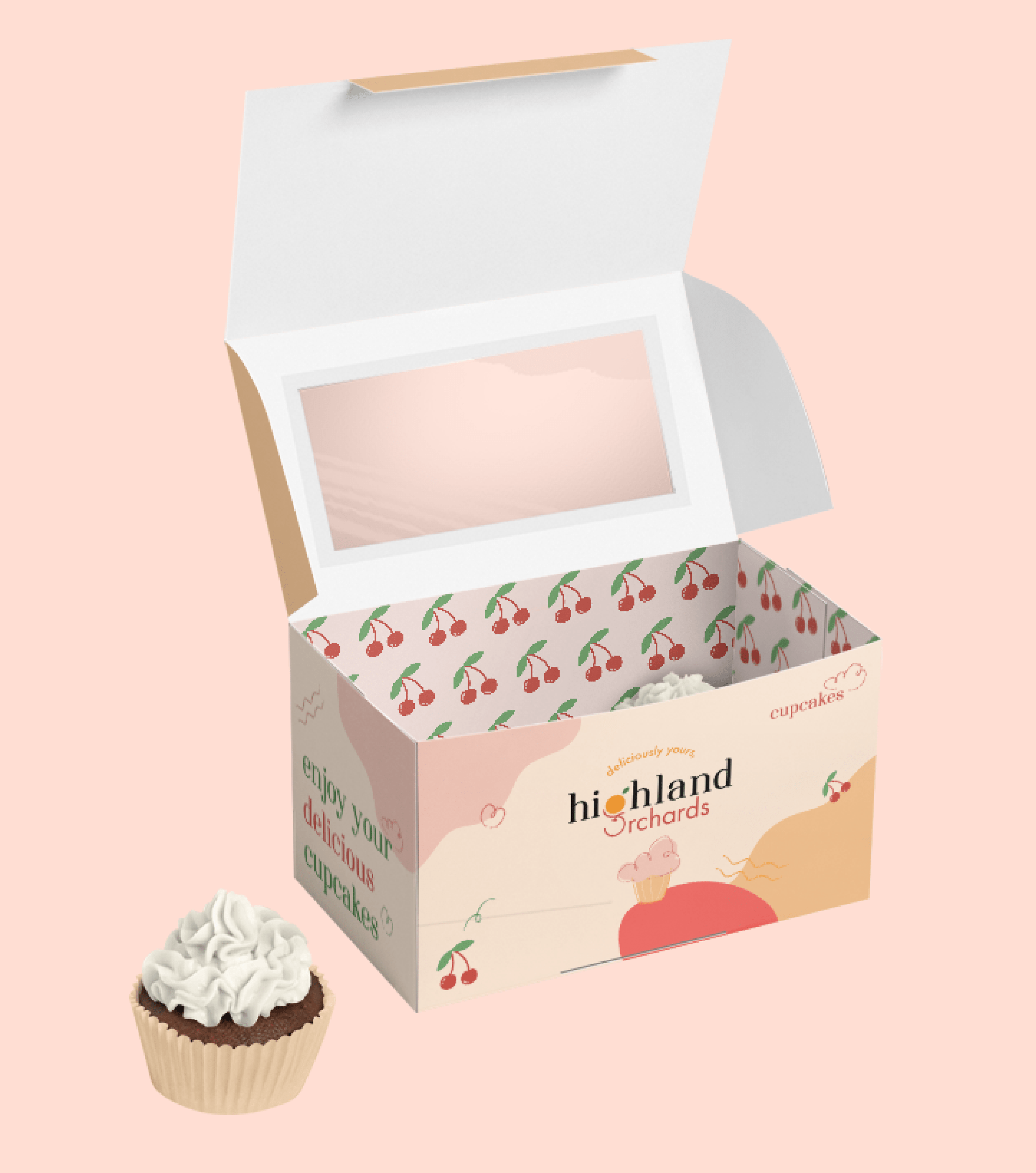 highland orchards rebrand bakery cupcake box package design