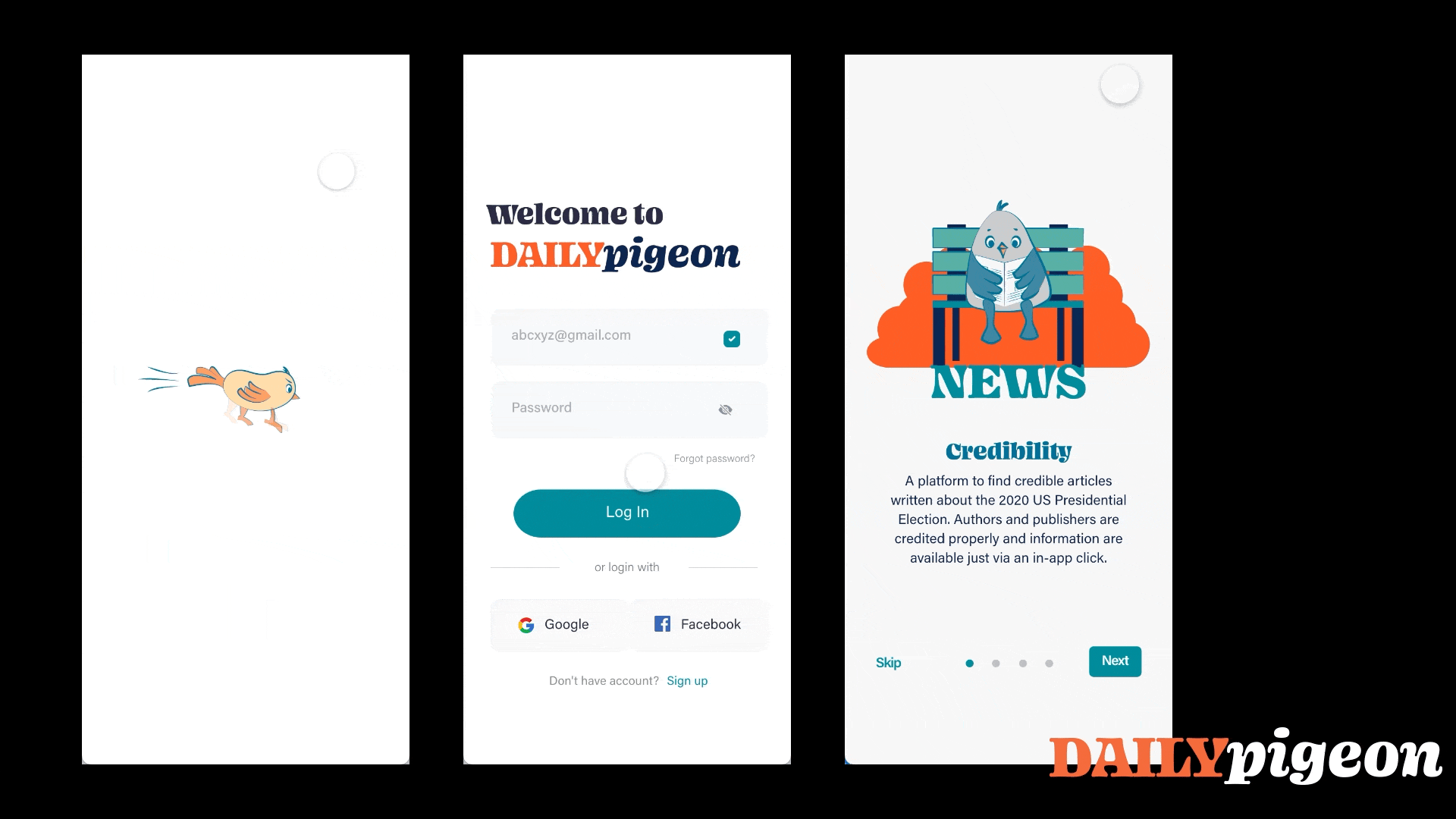 the daily pigeon application ux ui design pigeon project brand identity guidelines graphic design prototype gif interaction design 1
